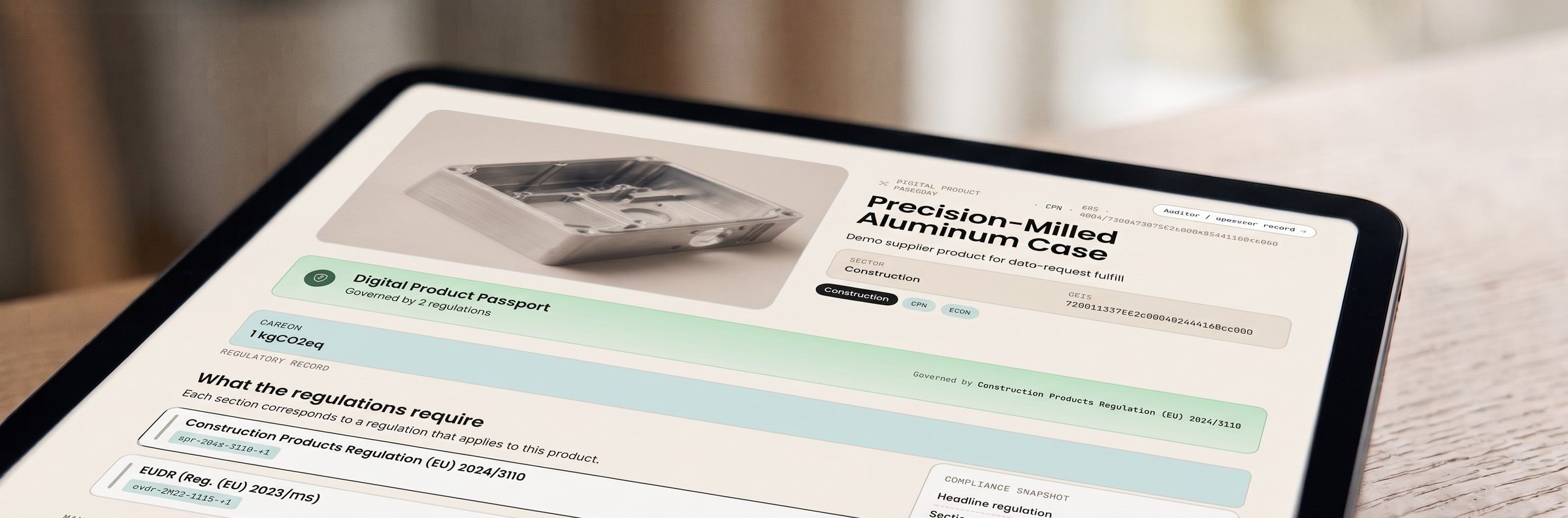 Platta som visar Original Creations digitala produktpass för en precisionsfräst aluminiumkomponent